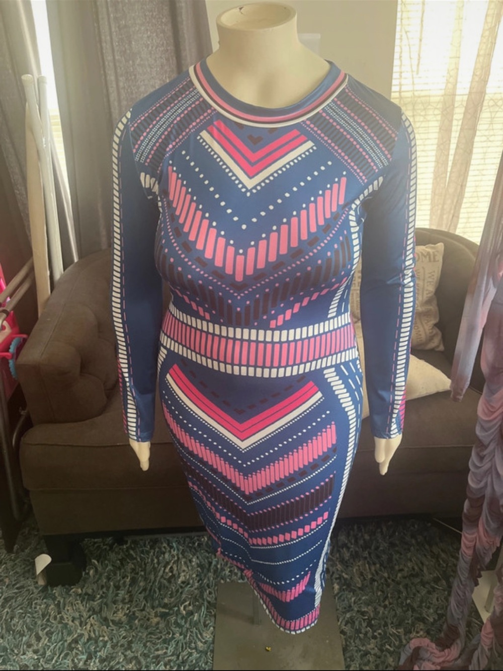 Navy Blue Geometric-Print Long Sleeve Dress with Pink Accents